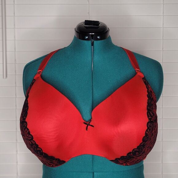 Cacique 44G Bra Red Black Embroidered Lace Lightly Lined Balconette Underwire - Picture 1 of 8